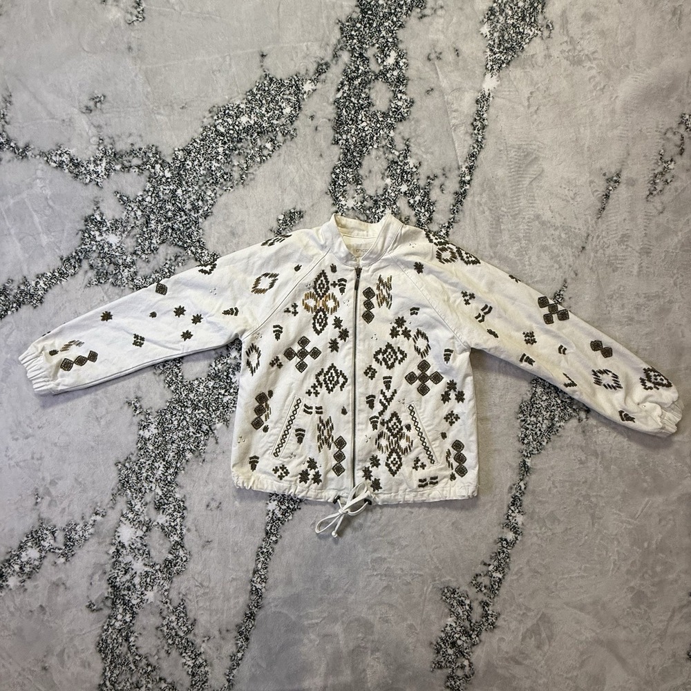 Chico's Jacket Womens Size 0/4 White Beaded Embellished Aztec Bomber Drawstring